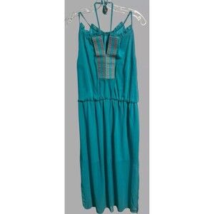 Enfocus Studio Dress Women’s 14 Maxi Teal Blue Boho Embroidered Sleeveless